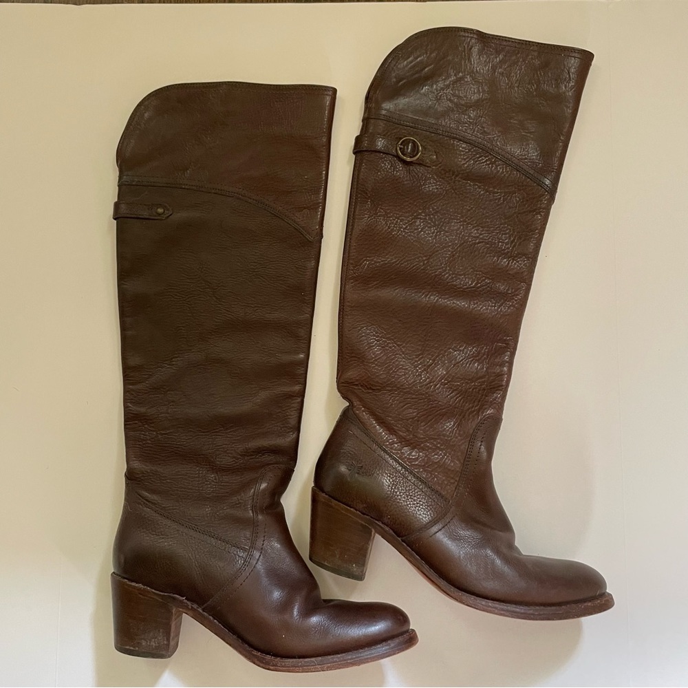 Frye Boots Jane Tall Cuff size 8.5 rich brown leather heeled boots - Picture 3 of 12